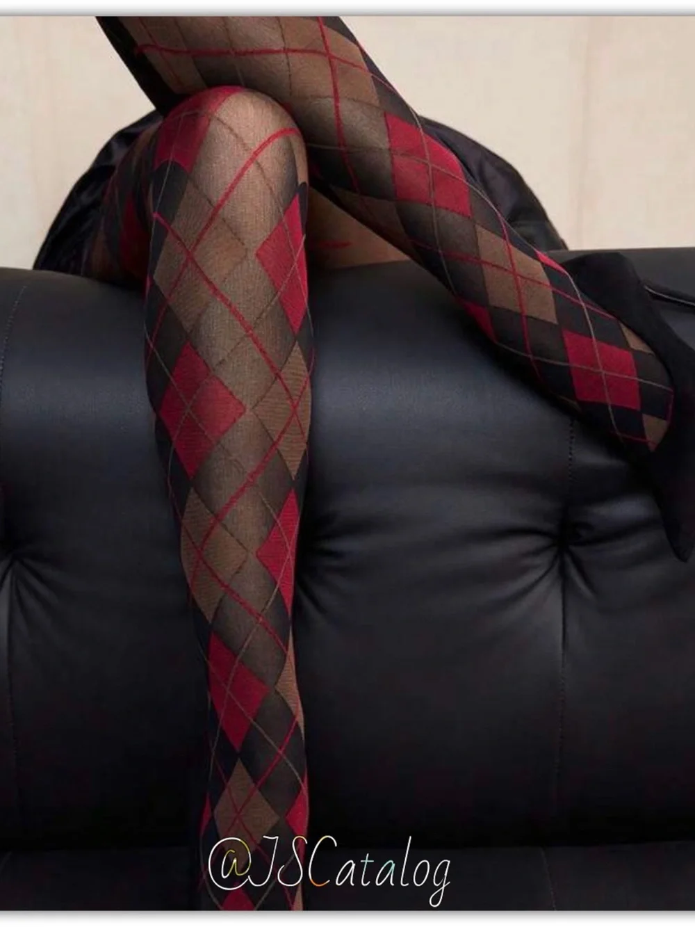 JSCatalog Red and Black Argyle Sheer Tights